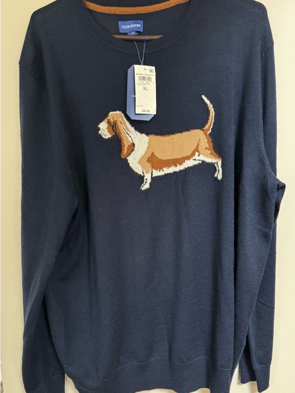 Club Room Navy Sweater with Basset Hound Motif